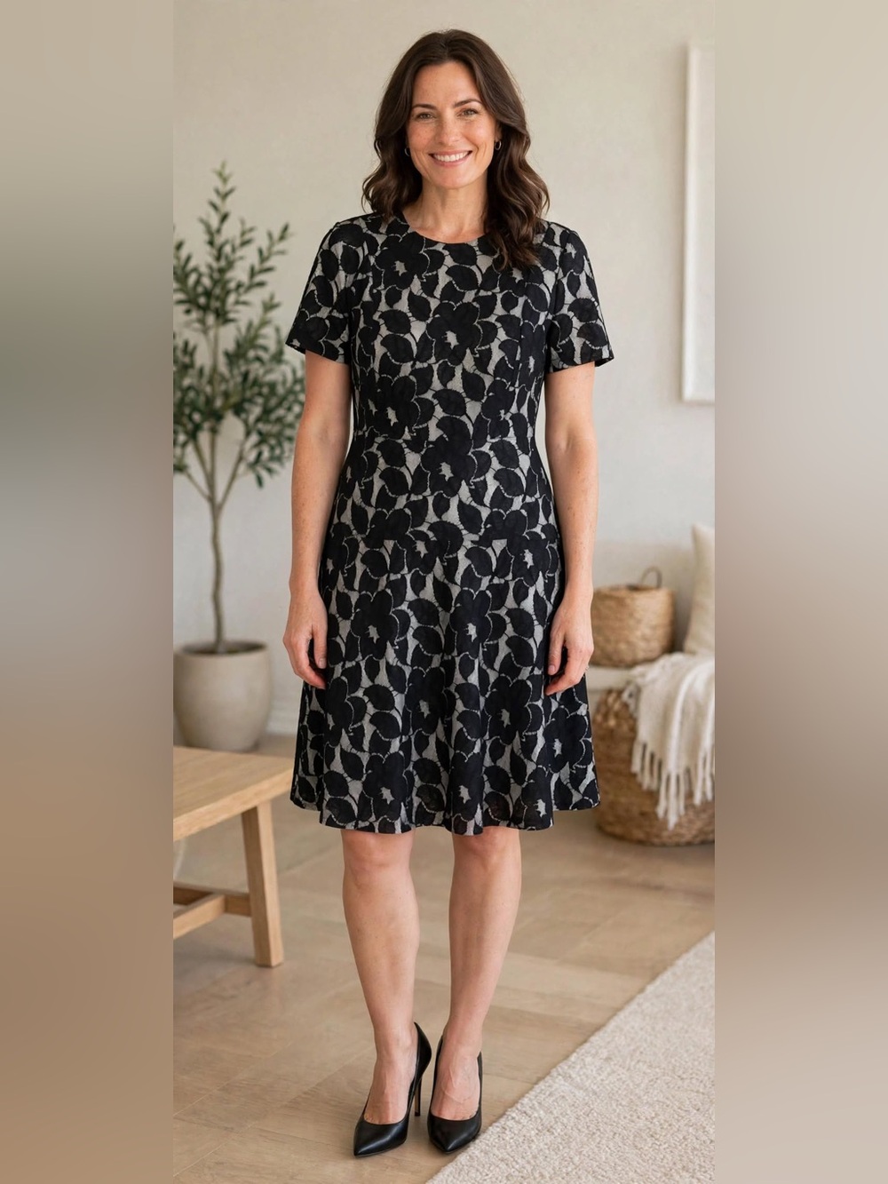 Ann Taylor Black and Cream Floral Jacquard Mini Dress